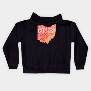 Colorful mandala art map of Ohio with text in red and orange Kids Hoodie